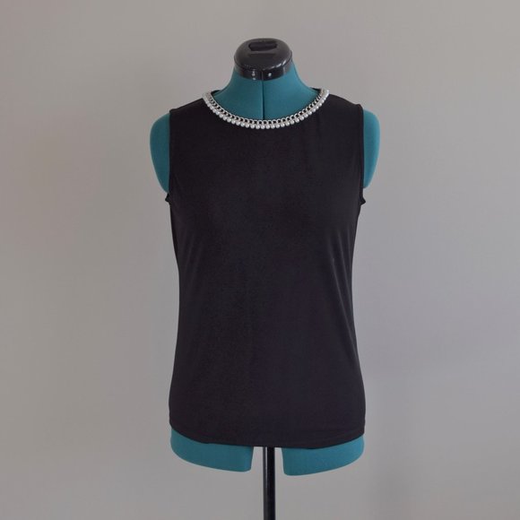 Black Tank Top Pearl Neckline Embellished Chain - Picture 1 of 7